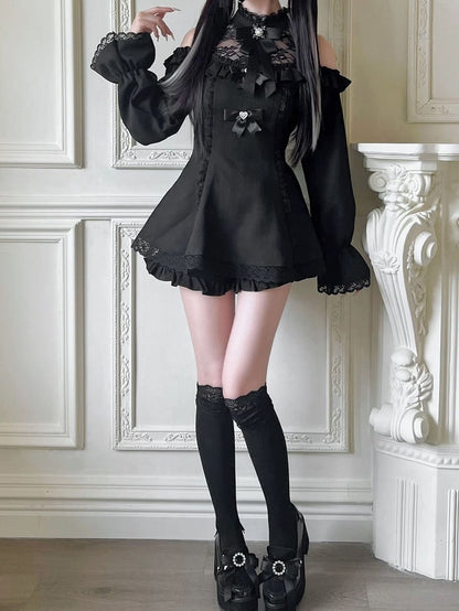 ジライケイイリュージョンフリルショーツ付きミニブラックスカート、カットアウトショルダードレス、ヘムネックラインセット