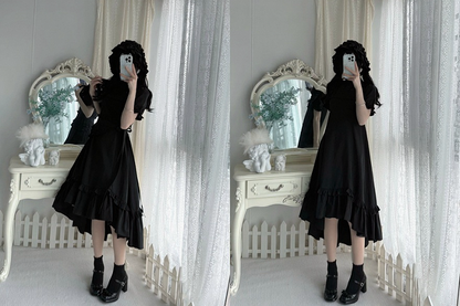 Black Gothic Lolita High-Low Ruffled Dress with Cross Patches - Blossom Herald