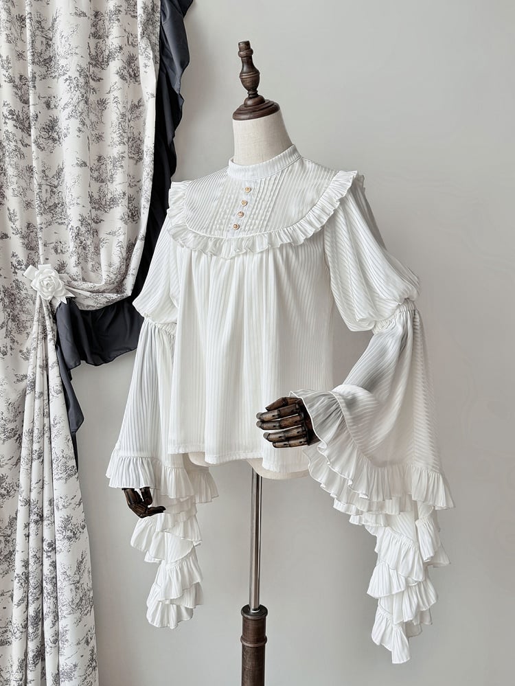 Sleeves Bell Blouse Trim Flounce White Gothic