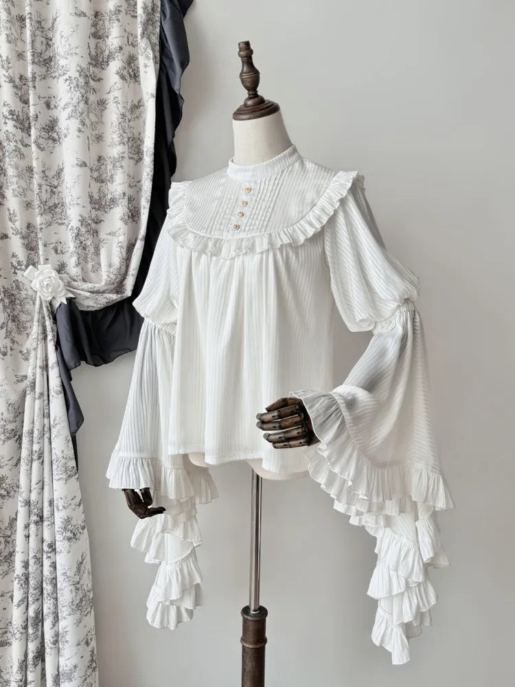 Flounce Bell Sleeves White Blouse Trim Gothic