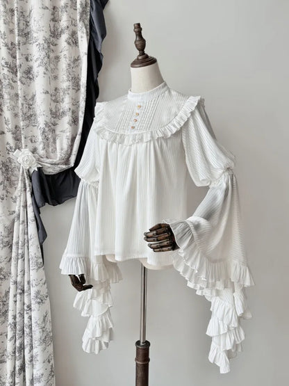 Flounce Bell Sleeves White Blouse Trim Gothic