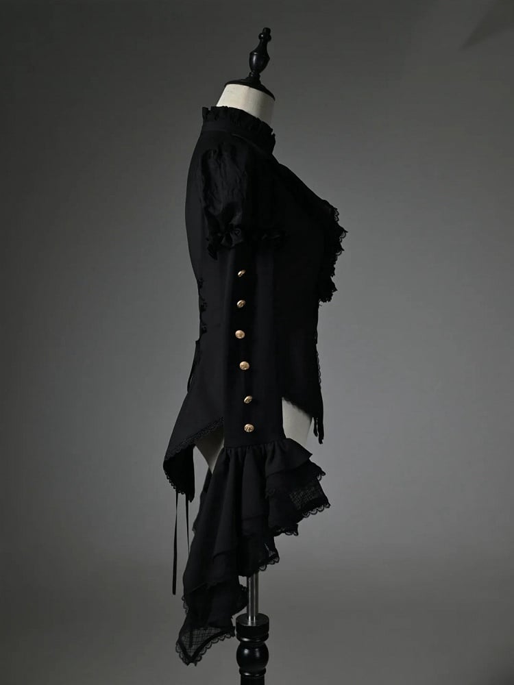 Ärmel Rüschen High Shirt Lang Schwarz High-Low Neck Jabot Saum
