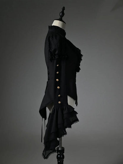 Sleeves Ruffled High Shirt Long Black High-low Neck Jabot Hem