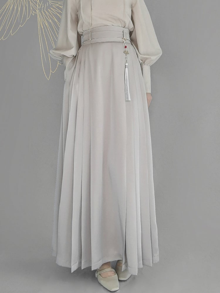 with Light Chain Coffee Box Waistband Zip Side Partial Elastic Detachable Tassel Hidden Waist Pleat Belt Han-inspired at Skirt