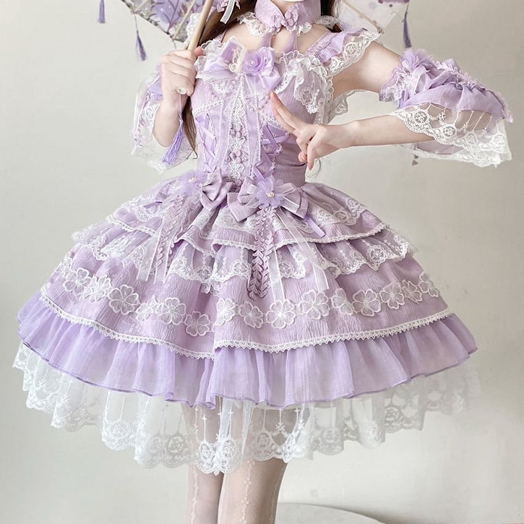 Bows Dress Frog Chinoiserie Flower with Layered Purple Lolita Corset Button Waist