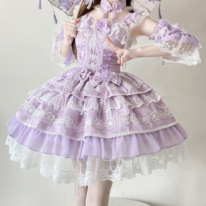 Bows Dress Frog Chinoiserie Flower with Layered Purple Lolita Corset Button Waist