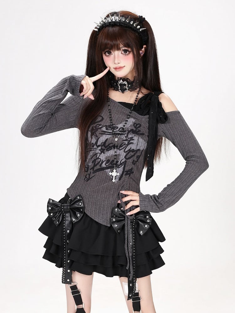 Y2K Dark Gray Off-Shoulder Long Sleeve Top with Graffiti Print, Hem Slit & Drawstring Details - CRAZY GIRL