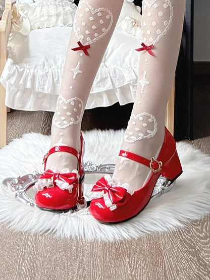 in Details PU at Lolita Red Lace Top Shoes with Mid-heel Sweet Bow
