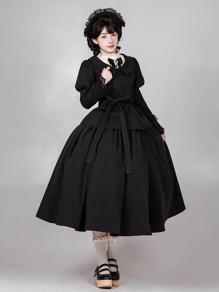 ブラック ジュリエットスリーブ ラウンドフラットカラー ロングスリーブコート