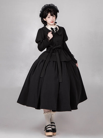 ブラック ジュリエットスリーブ ラウンドフラットカラー ロングスリーブコート