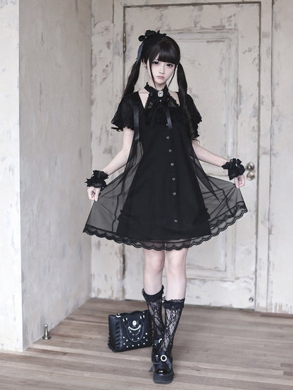 Gothic Halter Dress with Lace and Bow Details - Ekomi