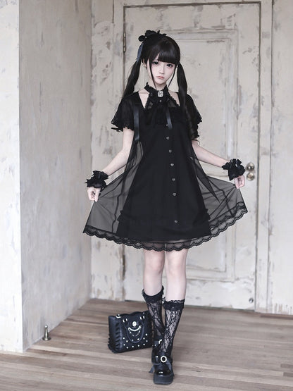 Gothic Halter Dress with Sheer Panels & Bow Accents - Ekomi
