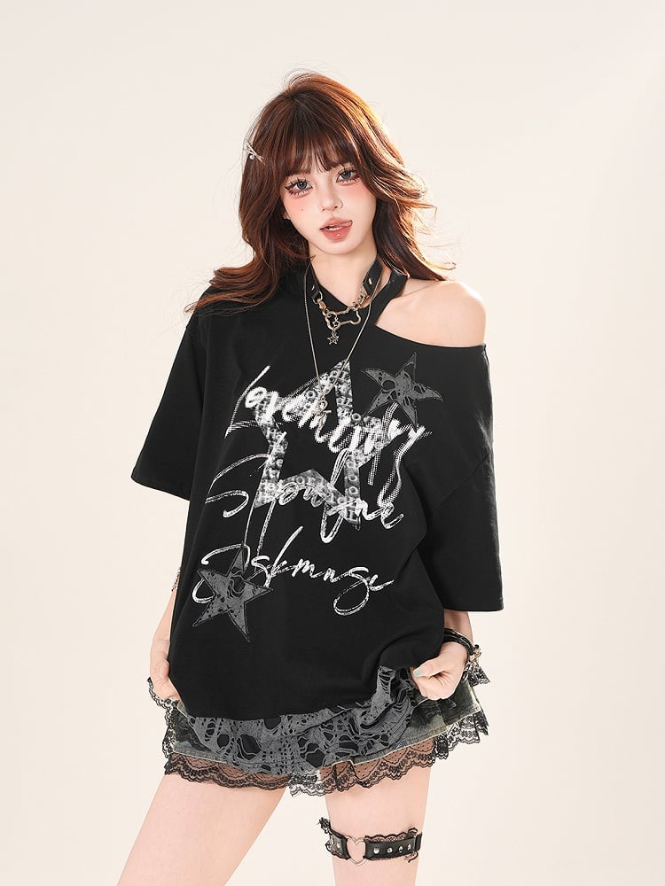 カットアウトショルダー、ダメージ加工ホールヘム、グラフィックTシャツ、ブラック/ホワイト