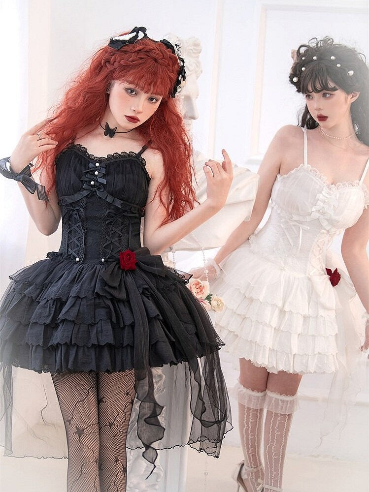 Black Sweetheart Neckline Corset Waist Jacquard Kuro Lolita Jumper Skirt with Rosette Accent - Unknown Star