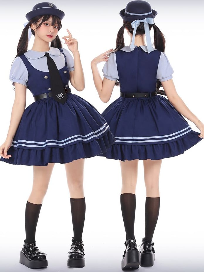 Marineblaues Kleid mit Peter-Pan-Kragen und kurzen Ärmeln, zweiteilig