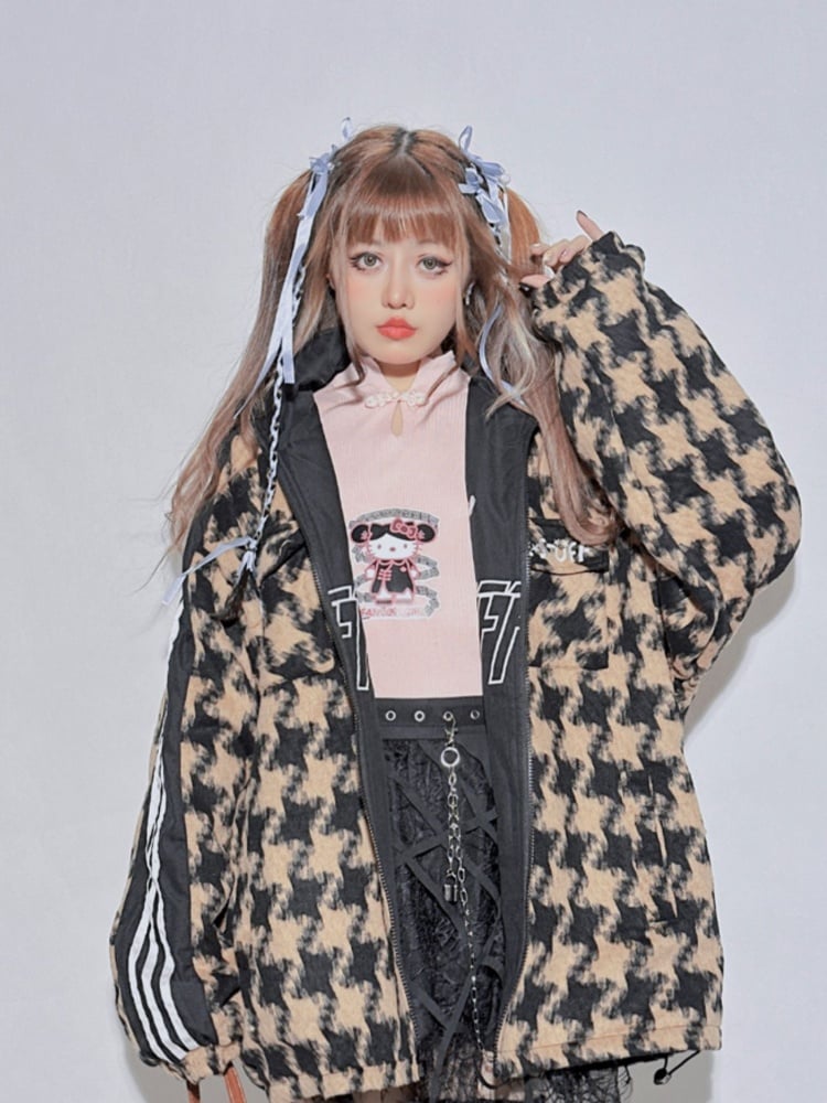 Reversible Black&Yellow Houndstooth Banded Collar Letter Jacket