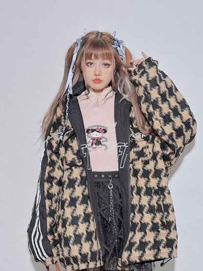Reversible Black&Yellow Houndstooth Banded Collar Letter Jacket
