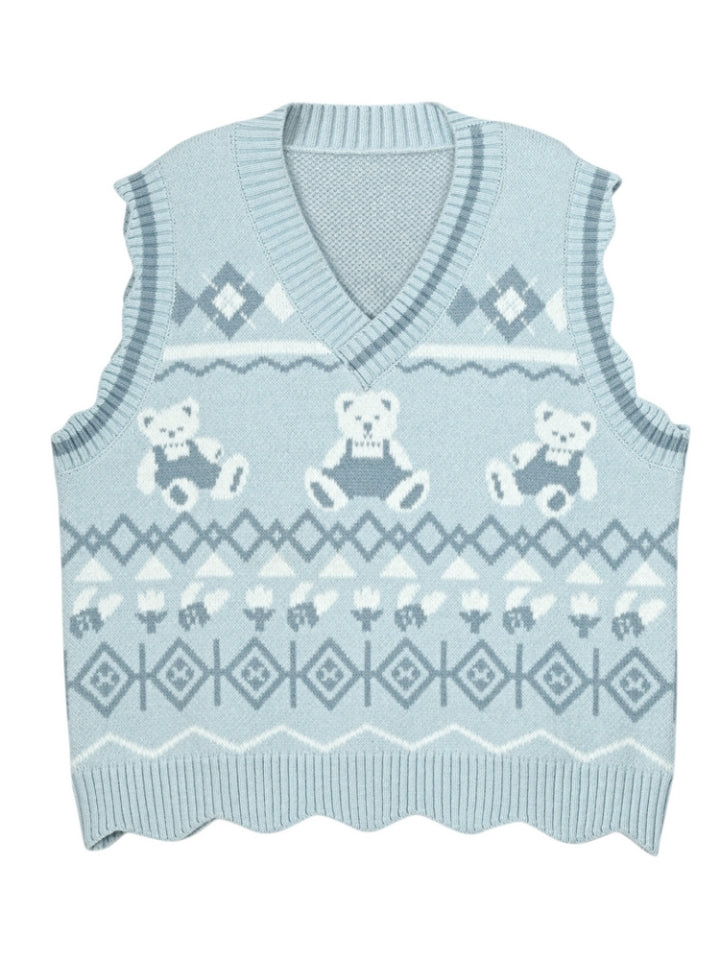 Blue Teddy Bears Pattern Scalloped Edge Trim Vest
