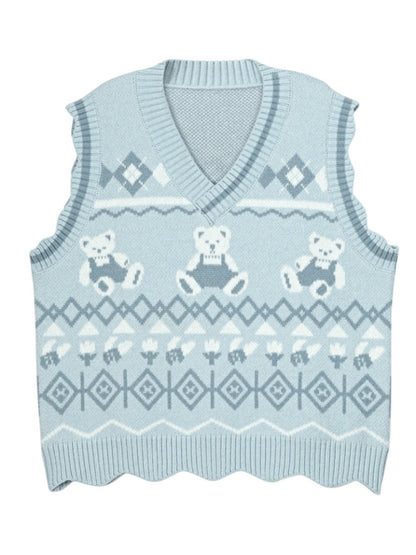 Blue Teddy Bears Pattern Scalloped Edge Trim Vest