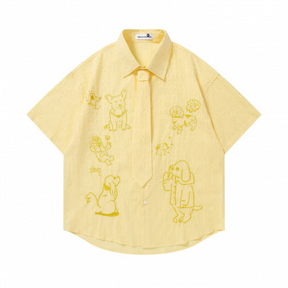 Yellow Puppy Embroidery Short Sleeve Shirt with Tie - Languid Park