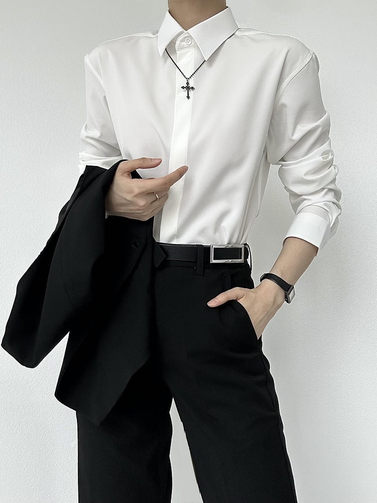 Flat White Collar Long-Sleeve Ouji Unisex Shirt Lolita Pointed