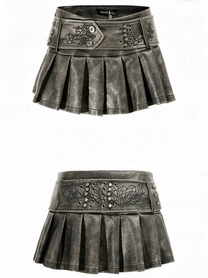 PU Black Pleated Embroidered Floral Skirt Punk Mini with