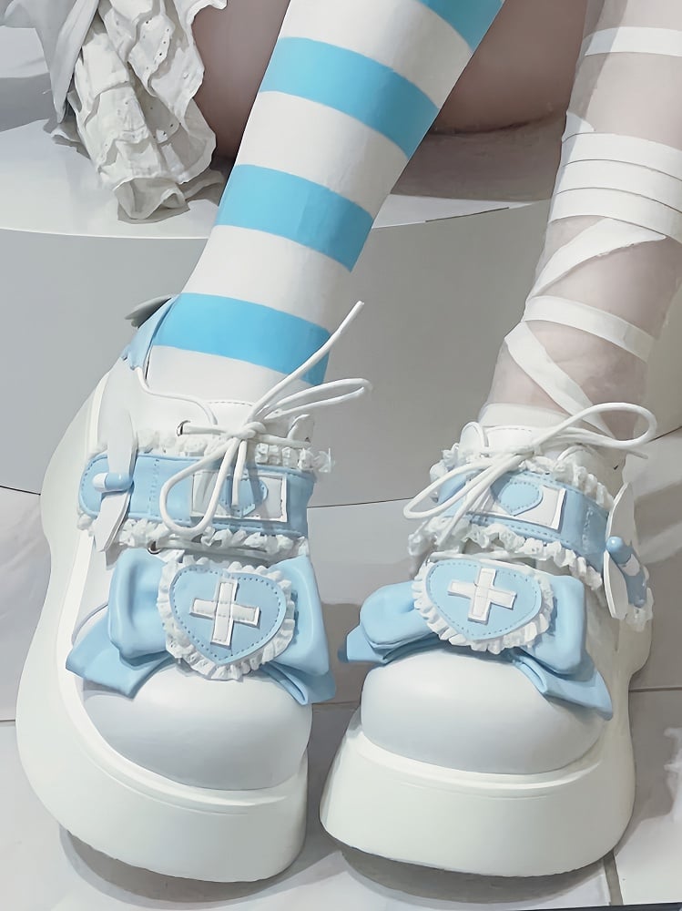 Tenshi Kaiwai Light Blue Yami Kawaii Cross Bowknot Lace-up Detail Platform Shoes