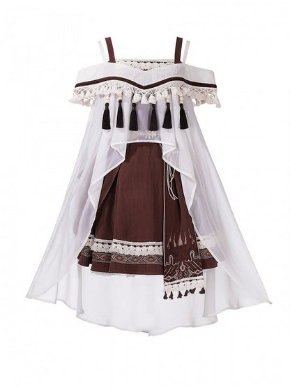 Brown & White Cape + Dress Set with Fringe and Waist Belt - Wasteland Style - Unknown Star