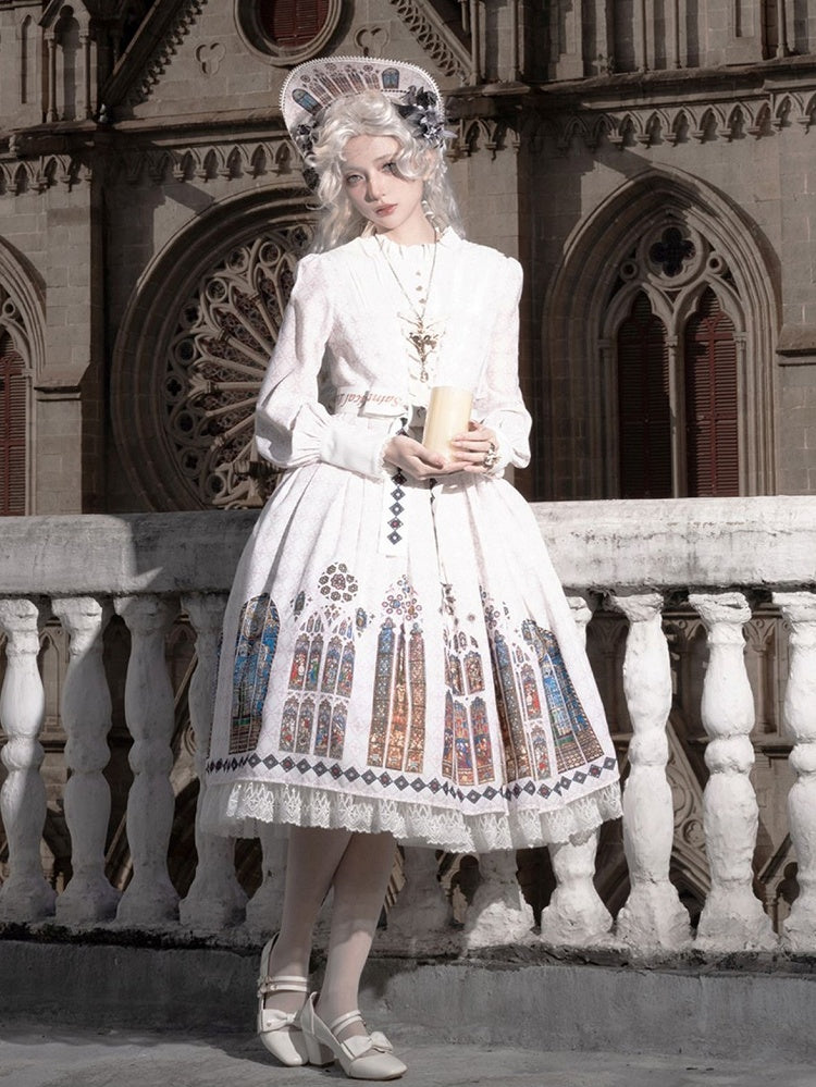 Long Detachable Stained Dress Gothic Sleeves Lolita White with Window Version Church Collar