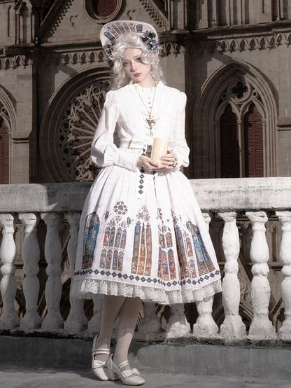 Long Detachable Stained Dress Gothic Sleeves Lolita White with Window Version Church Collar