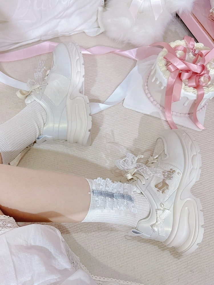 Bowknot Details Lace-up Front Ties White Beaded Decorated Sneakers