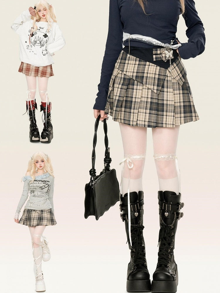 Khaki/Roter Plisseerock mit Schnallenträgern und hoher Taille