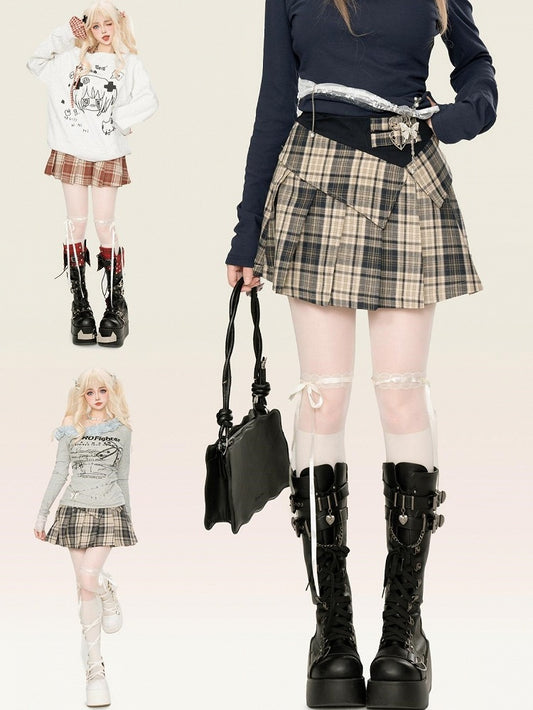 カーキ/レッド バックルストラップ ハイウエスト チェック柄 プリーツスカート