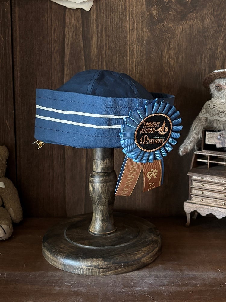 Striped Lolita Hat Dark Blue White Badge - LilyVow