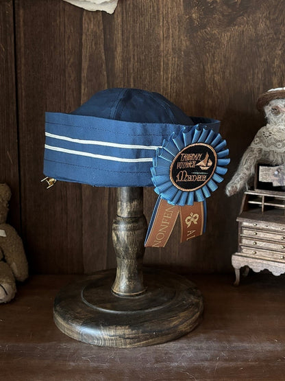 Striped Lolita Hat Dark Blue White Badge - LilyVow