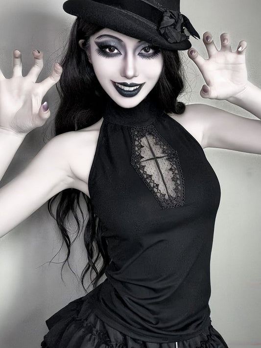 with Gothic Halter Cut-Out Black Embroidery Cross Vest Coffin