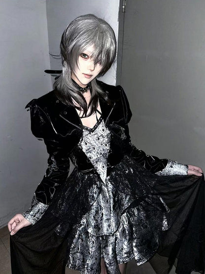 ブラック 45cm 王子前髪 オンブル ストレート グレー スタイル付き 長さウィッグ