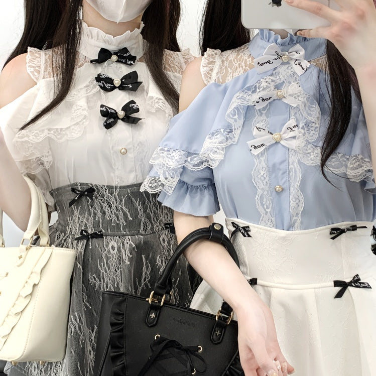 コントラストオープンパッチケイレースブラウスジライホワイト/ピンク/ブルーショルダー