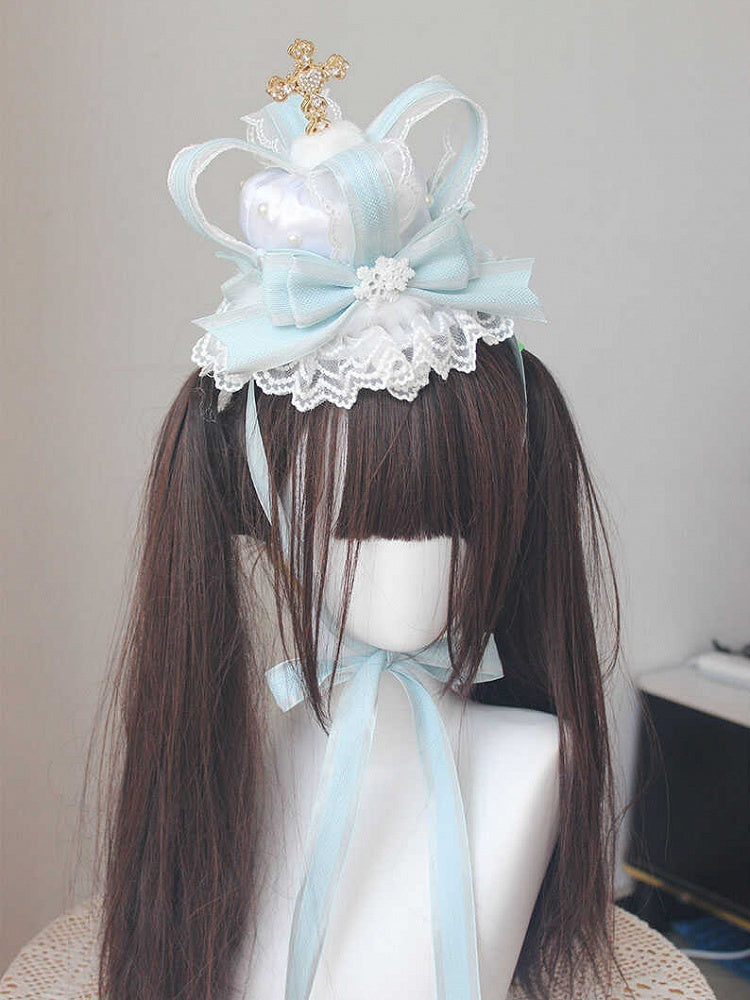 Blue Cross Decorated Bowknot Details Lace Trim Mini Hat