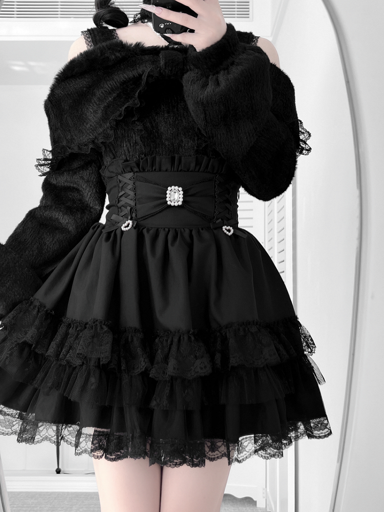 Bow Colors 3 Trim Kei Rhinestone with Decor Jirai Lace Skirt