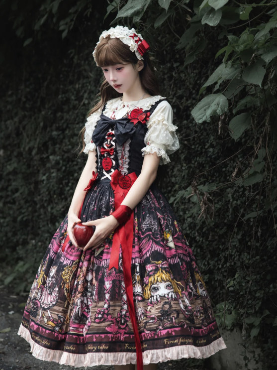Pink Black Apple Embroidery Bow JSK Dress with Red Shoes Story - Forest Fairy Tales
