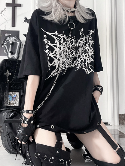 Thorn Gothic T-Shirtwith Chain Loose PrintDetachable White Black
