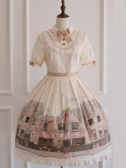 Lolita Dress Sleeves Print and Starry Beige Short Night Bakery