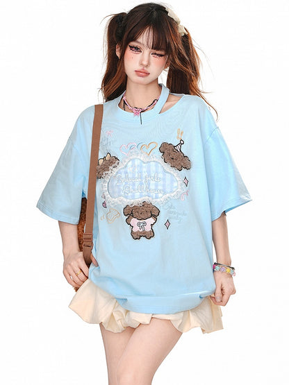 Blue/Apricot Cute Puppy Appliques Cutout Detail Summer T-shirt