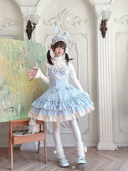 Ruffled Lace-Trimmed Lolita JSK Dress with Blue Bow Detail - Yinying Lolita