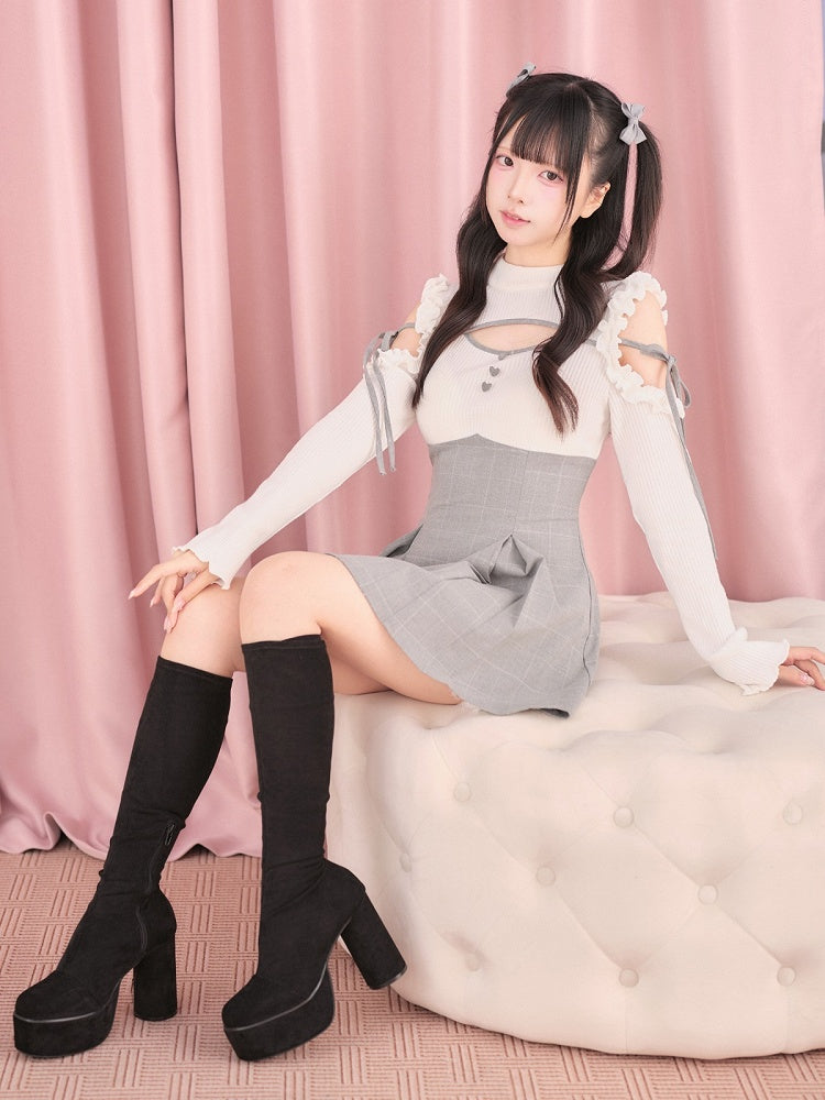 White Cut-Out Shoulder Knit Plaid Dress with Lace Trim - No Genki