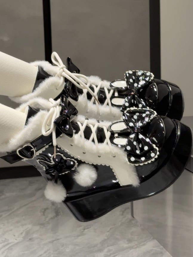 Sweet Ankle Closure Furry - Rabbit Bunny Ear Black Interior for Boots with Lace-Up Bow Lolita