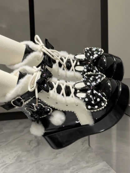 Sweet Ankle Closure Furry - Rabbit Bunny Ear Black Interior for Boots with Lace-Up Bow Lolita
