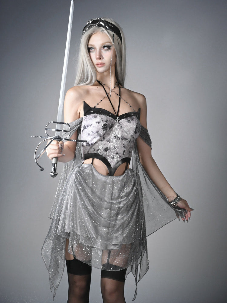 Kleid Cyberpunk Futuristisch Silber Krawatte Neckholder Midriff Dye Y3K Fashion Cutout