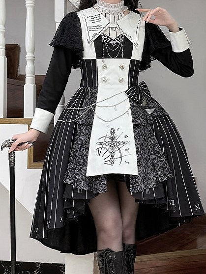 Chain+Pocket Chain+Detachable Collar Watch Embroidery+Waist Cross White Set Full Dress Striped with Nun Lolita Belt+Waist Black